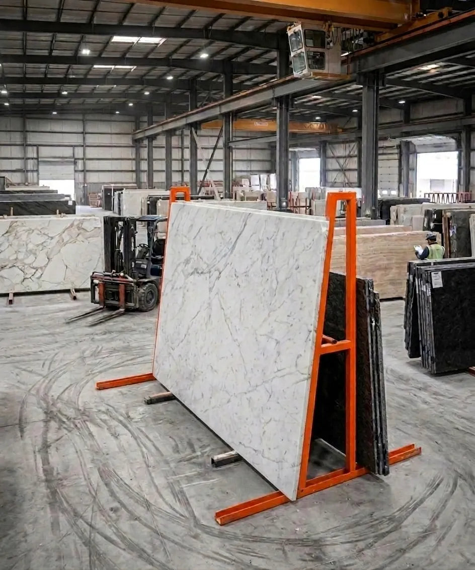 A-frame rack holding stone slabs in a fabrication warehouse