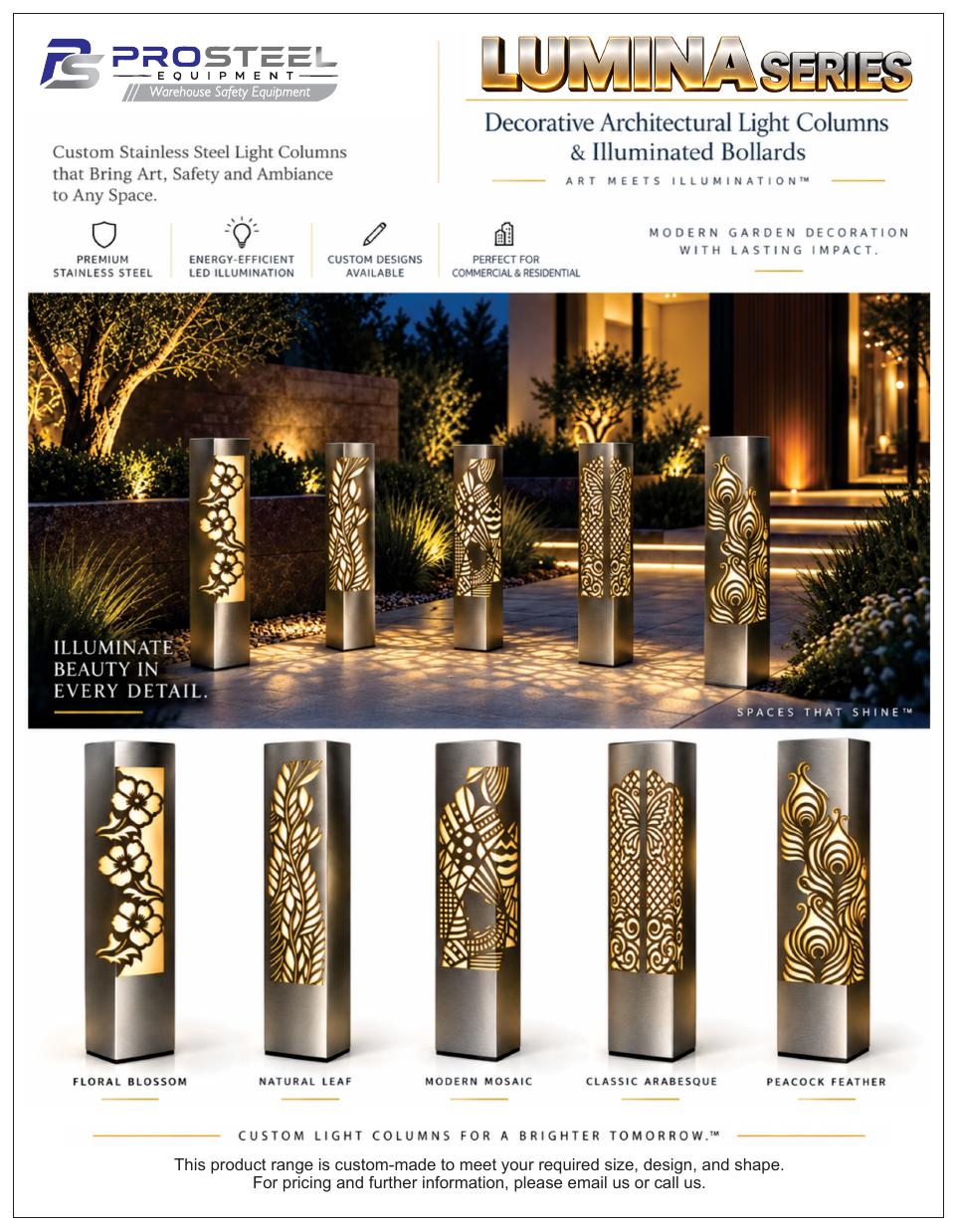 Lumina Modern Mosaic custom stainless-steel illuminated architectural column — Brochure panel